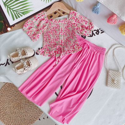 ☏۩ Summer Girls 39; Clothing Sets Fashion Chiffon Floral Top Wide Leg Pants 2Pcs Suits Baby Kids Outfits Suit Children Clothing