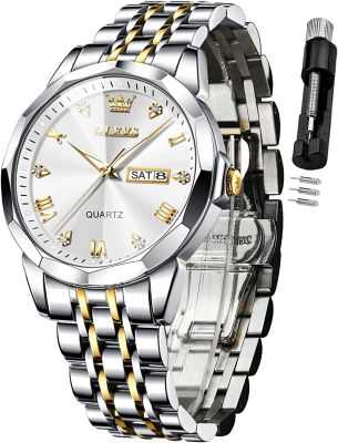 OLEVS Watch for Men Diamond Business Dress Analog Quartz Stainless Steel Waterproof Luminous Date Two Tone Luxury Casual Wrist Watch silver gold watch for men