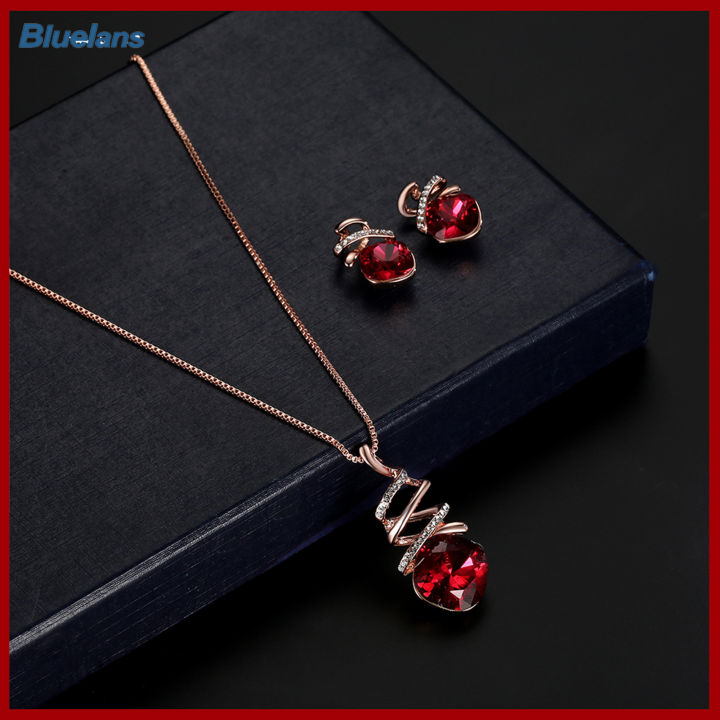 bluelans-1ชุดสร้อยสตรีรูปทรงเรขาคณิตลูกบาศก์-zirconia-บิดสง่างามสีแดงตาราง-rhinestone-กระดุมติดหน้าอกฝังเลี่ยมชุดเครื่องประดับแฟชั่น