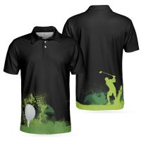 Golf Grunge Graphic Golf Polo Shirt, Wet Paint Silhouette Black Polo Shirt, Best Golf Shirt For Men