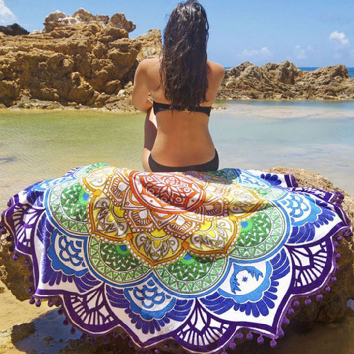 ผ้าขนหนูชายหาดกลมผ้าห่มโยคะเส้นผ่าศูนย์กลาง150เซนติเมตรเสื่อโยคะด้วยดอกไม้แบบอินเดีย-m-andala-พรมเสื่อปิกนิกวันวาเลนไทน์