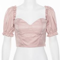 [SUPER SPECIAL] y Off Shoulder Short Puff Sleeve T shirt Women Summer Korean Elegant Ruffles Pink Crop Top