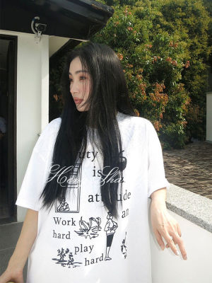 HengShanYuan เสื้อยืดแขนสั้นทรงหลวมยาวปานกลางลายพิมพ์กราฟฟิตีตัวอักษรเวอร์ชันเกาหลีฤดูร้อน2023