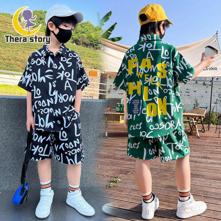 thera-boys-ชุดเสื้อเชิ้ตแขนสั้น2023เด็ก2ชิ้นอินเทรนด์ใหม่แนวสตรีทสปอร์ต