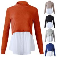 Women 2 In 1 Patchwork Pullover Tops Ribbed Knitted Long Sleeve Sweater Button Down Layered Shirt Blouse Hem Jumper