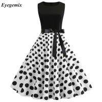 【Ladies shop】2022 WomenDresses RobeBlackPrint Vestidos1950s 60sUp BigParty ทำงาน WearDress