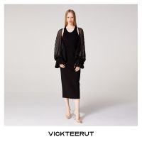 VICKTEERUT (ราคาปกติ 13,500-.) Midi Dress with Detachable Pleated Bishop Sleeve เดรสแขนกุด  พร้อมแขนระบายอัดพลีท ถอดออกได้