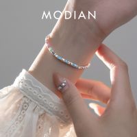 MODIAN 925 Sterling Silver Punk Colorful Square Chain Bracelet Rainbow Color Chain Link Platinum Plated For Women Fine Jewelry