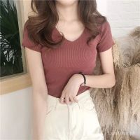 COD SDFGERTYTRRT Women short Sleeve Shirts Thin Casual Fashion Loose Shirt Tops Womens Ice Silk T-shirt VCollar Korean style slim bottom all-match knitted solid color students Oversized