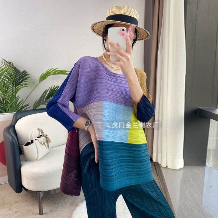 miyake-จีบการออกแบบความรู้สึกแฟชั่นพิมพ์ทุกการแข่งขันด้านบนฤดูใบไม้ผลิ-2023-ใหม่จีบขนาดใหญ่รอบคอเสื้อยืดหญิง