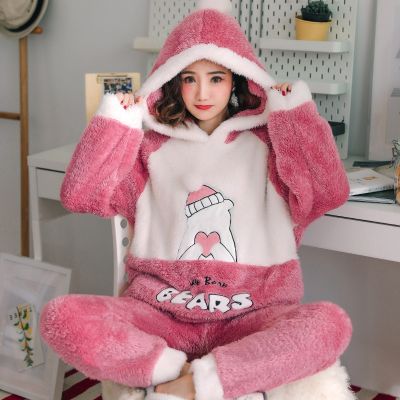 Pajama Suit Thickened Winter Flannel Housewear Womens Warm Pajama Top Trousers 2-piece Hooded Pajamas Casual Sleeping Clothes