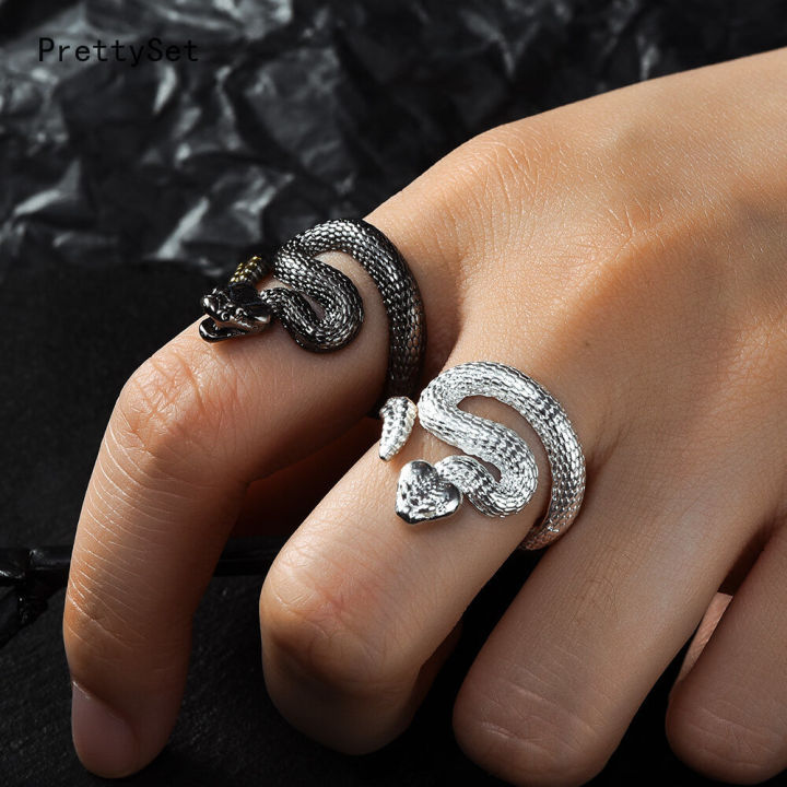 แหวนเงินรูปงูขนาดใหญ่ย้อนยุคสำหรับผู้ชายผู้หญิง-แหวนเงินแบบปรับขนาดได้ของขวัญเครื่องประดับแหวนงู