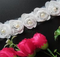 2 yards Vintage White Rose Flower Pearl Chiffon Embroidered Lace Trim Ribbon Fabric Handmade DIY Wedding Dress Sewing Craft