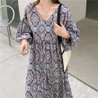 Spot parcel post South Korea Dongdaemun Fall Womens Clothing Artistic Vintage Floral Temperament v Collar Puff Sleeve Midi Dress Fashion