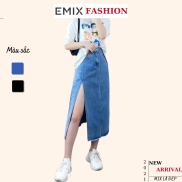 Chân váy jean xẻ chân EMIX, dáng dài, 1 lớp, cạp cao, dài 78cm