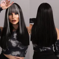 7JHH WIGS Anime Cosplay Wigs With Bang Black With Gray Long Straight Hair Wigs Synthetic Natural Lolita Wig For Women 22 Inches