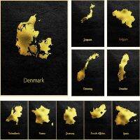 Vintage Minimalist Golden Map Japan Spain Poster Canvas Painting Country Wall Art Picture For Modern Living Room Home Decoration