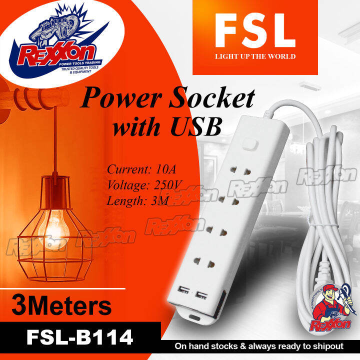 FSL 3M Cable Power Socket with USB FSLB114 Rexxon Power Tools Trading