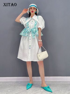 XITAO Dress Single Breasted Print Patchwork Shirt Dress