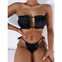 Womens 2-Piece Sexy Pleated Hollow Bikini Black