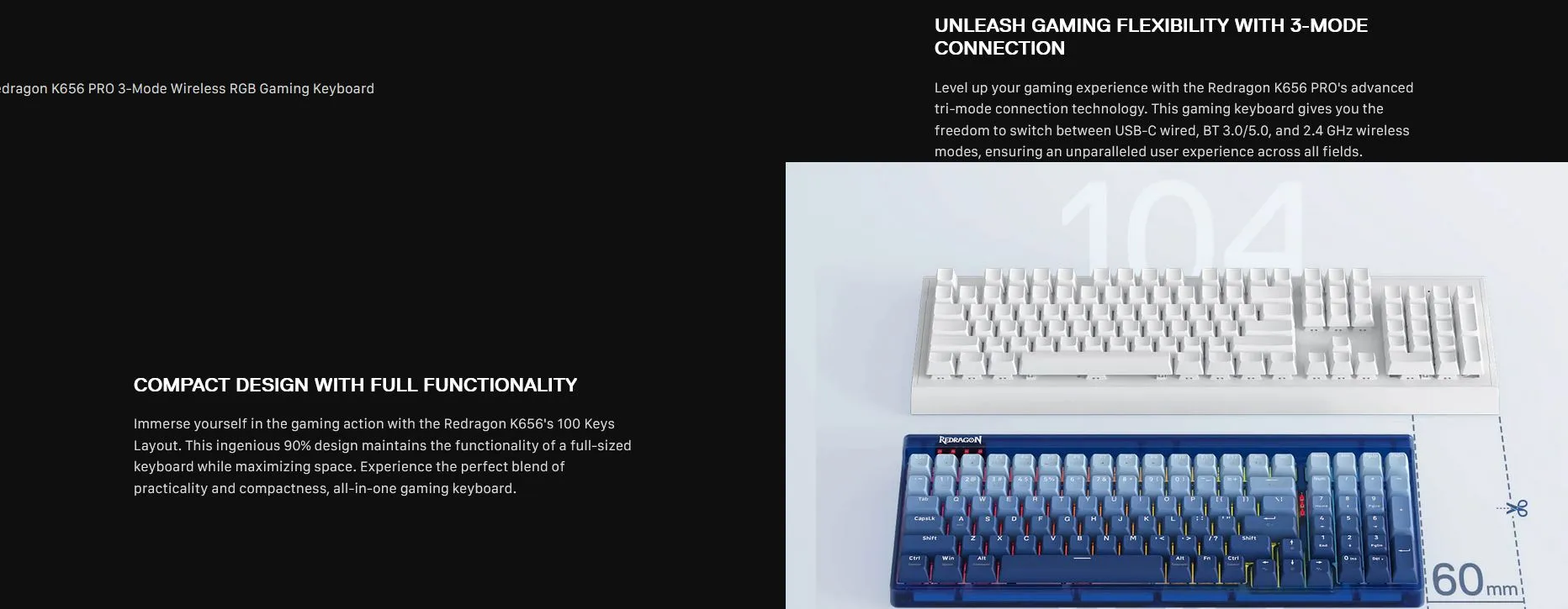 Redragon Garen PRO K656 Pro Bluetooth 5.0 wireless 2.4G USB 3 mode Mechanical Gaming Keyboard 100 Keys Compact 21