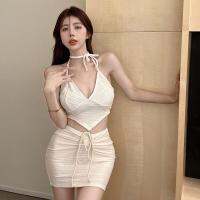 Spring 2022 hot style pure v-neck hanging neck strap to spice minus age high waist with fold bust skirt suit