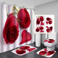 Rose 3D Print Bath Curtain Floral Bath Mat Set Waterproof Polyester Toilet Rugs Flowers Carpet Decor Bathroom Valentines Day