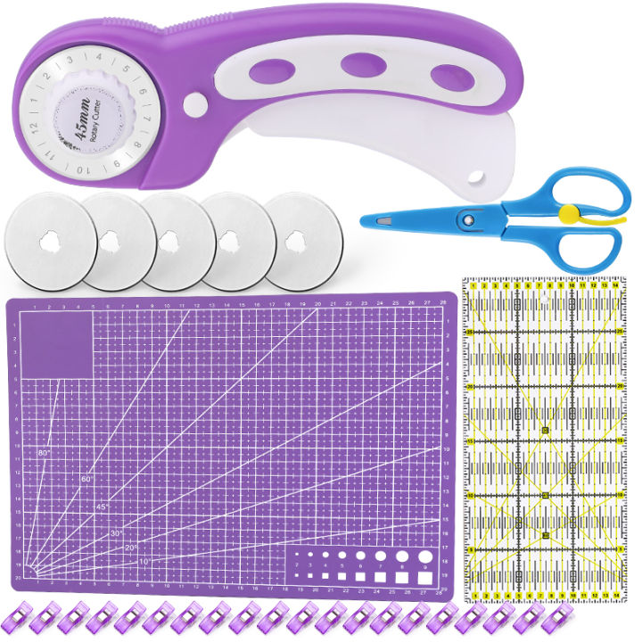 Complete Rotary Cutter Set - 45mm, 5 Extra Blades, Cutting Mat, Quilting  Ruler