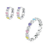 WOSTU  Genuine 925 Sterling Silver Heart Rainbow Love Pattern Jewelry Set Rings Stud Earrings Gift Wedding Jewelry S246