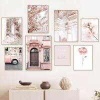 Cherry Blossom Paris Tower บอลลูนจักรยานรถประตู Wall Art-ภาพวาดผ้าใบโปสเตอร์และพิมพ์สำหรับตกแต่งห้องนั่งเล่น-โรแมนติกและแปลก