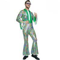 70S Mens Disco Stage Dress Party Clothes Halloween Costumes Green Retro Party Rock Cosplay Costumes Jumpsuits