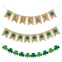 3 Pcs St. PatrickS Day Banner Shamrock Garland Lucky Banner Burlap Irish Garland Banner Green Four Leaf Banner