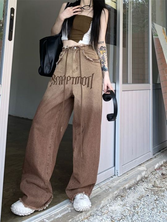 เสื้อ-spice-girl-fried-street-gradient-drawstring-jeans-women-spring-and-summer-casual-high-street-vibe-straight-leg-wide-leg-pants-high-waist-mopping-pants