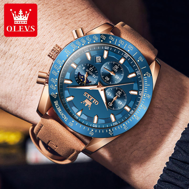 olevs-นาฬิกาโครโนกราฟหนังแท้อเนกประสงค์กันน้ำแบรนด์ดั้งเดิมนาฬิกาข้อมือลำลองของผู้ชาย