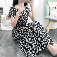 Hgs7 Spot Cotton Silk Floral Short Sleeve Skirt Bohemian Beach Dress Summer Rayon Seaside Holiday Dress Cotton Silk Skirt for Women