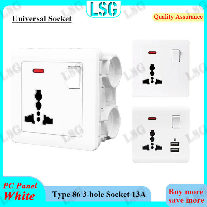 LSG Universal Wall Socket With LED Light Switch 86 Type 3 Holes Socket