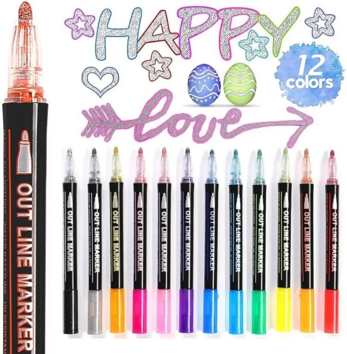 12 Colors Metallic Glitter Colorful Color Outline Marker Kawaii Art Marker  Double Line Pen For School Drawing Art Supplies Pen