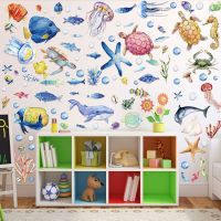 Cartoon Underwater World Wall Stickers for Kids rooms Bathroom Wall Decor Shark Jellyfish Sea Animals Wall Decals Home Decor DIY