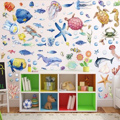 Cartoon Underwater World Wall Stickers for Kids rooms Bathroom Wall Decor Shark Jellyfish Sea Animals Wall Decals Home Decor DIY