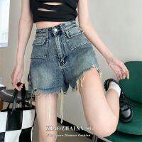 COD jfdss Xiaozhanv Korean distressed vintage rough edge denim shorts women clothes ins hip bag wide leg hot pants