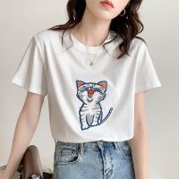 [COD] 2022 Year of the Tiger new white t-shirt female short-sleeved pure loose T-shirt cat embroidery summer design sense niche