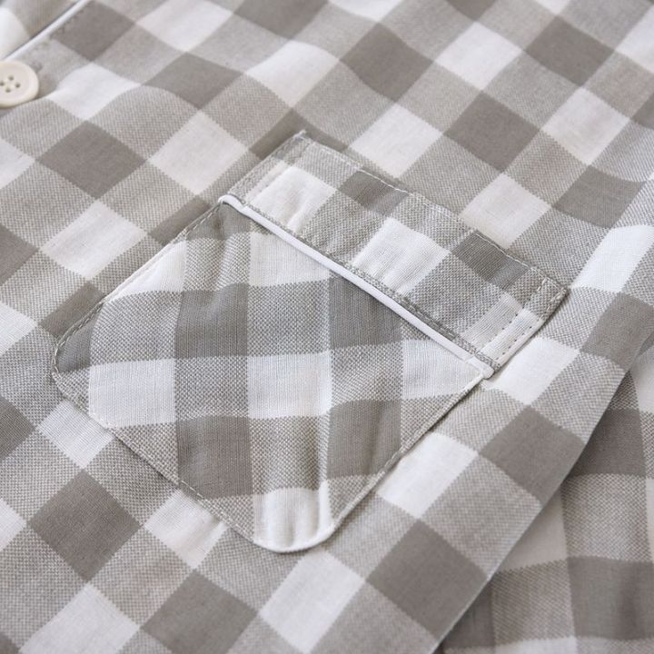 muji-three-piece-plaid-pajamas-mens-summer-thin-cotton-gauze-short-sleeved-trousers-shorts-cardigan-loose-home-clothes