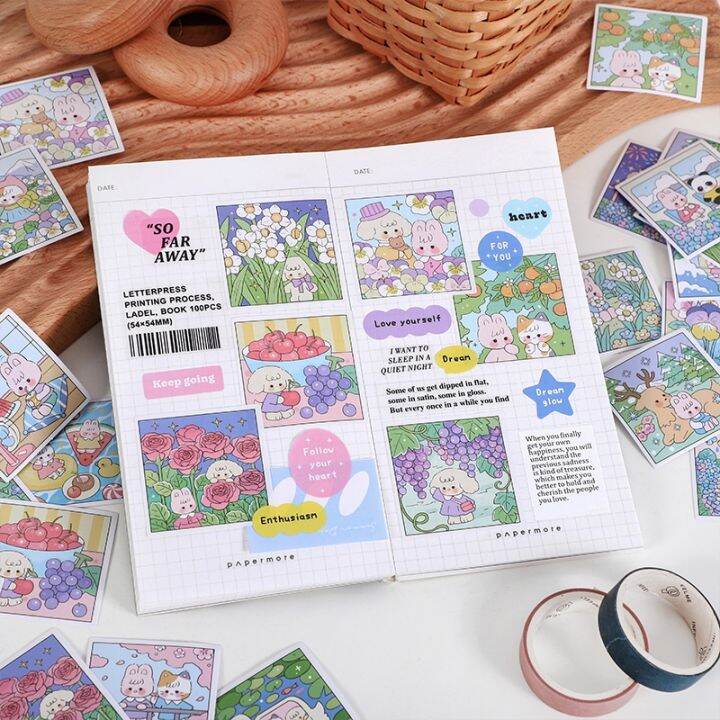 lz-46-pcs-kawaii-cartoon-stickers-aesthetic-stick-labels-adhesive-diy-diary-album-stationery-scrapbooking-collage-material