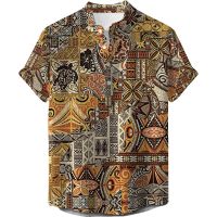 Vintage For Men Shirt Ethnic Totem Printing Lattice Casual Streetwear Stand Collar Short Sleeve Loose Hawaiian Shirt Male Summer