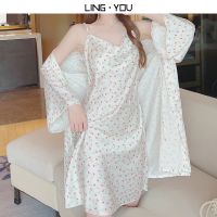 --SY23726✾₪ 23 New Ar s Snow Silk Spender Nightdress dies Pted Th Nightgown Service -piece Set