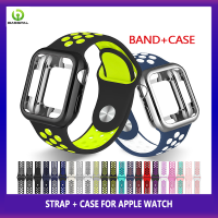 สายซิลิโคนระบายอากาศพื้นฐาน + 360 ° เคสสำหรับ Apple Watch เต็มชุด49มม. อัลตร้า8 7 6 SE2 3 4 5สำหรับ I Watch 38มม. 40 42 44 41 45มม. อุปกรณ์เสริมสร้อยข้อมือ