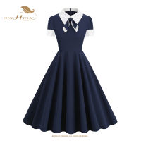 SISHION 1990เสื้อคอปก Bow Contrast R Vintage Dress VD3783 Navy Blue แขนสั้น Swing Holiday Party Dresses