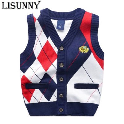 2023 Autumn Spring New Kids Boy Sweater Vest Children Clothing Plaid Stitching Coat Baby Cotton thick top Boys Cardigan Vest