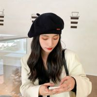 【cw】 New Style Beret Womens Leather Tag Candy Color Knitted Painter Korean Style ins Japanese Style Sweet and Beautiful Face Small Painter Cap ！