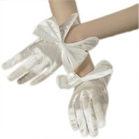 ∈▤☎ Womens White Ivory Short Satin Bowknot Gloves for Wedding Party Stretchy Gloves Adult Size